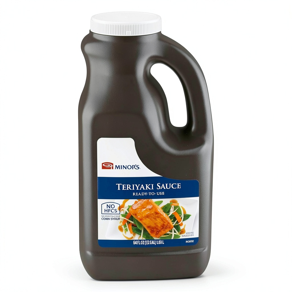 Minors Teriyaki Sauce bottle displayed with fresh vegetables and a wok for stir-fry