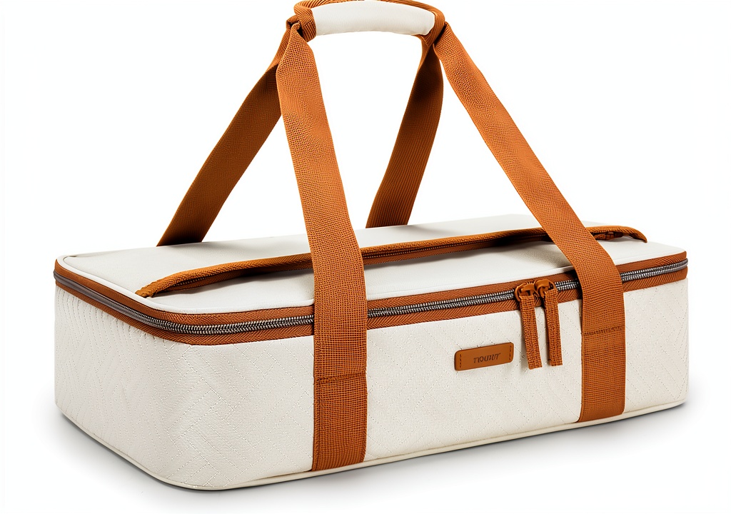 TOURIT insulated casserole carrier being carried on a wooden picnic table with a 9x13 dish inside