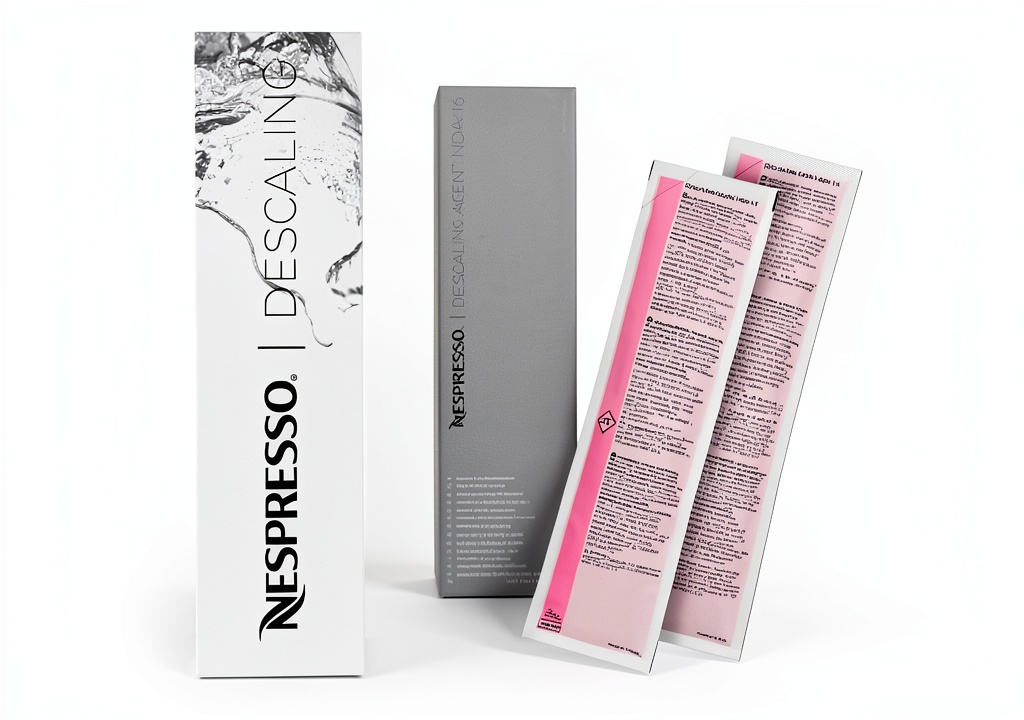Nespresso descaling solution bottle next to a coffee machine